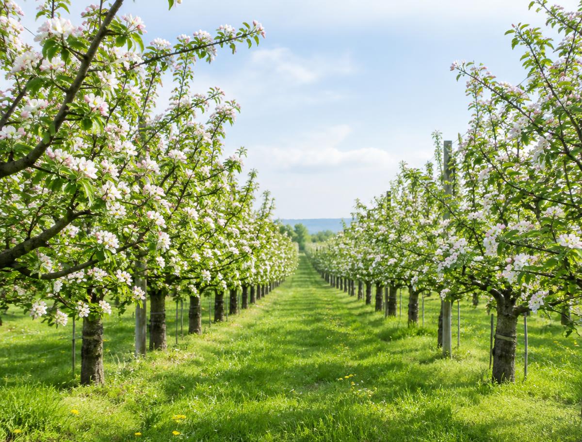 Verger de pommiers en fleurs